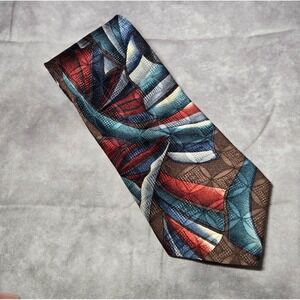 Vintage Wembley Men's Necktie Brown Blue Red Geometric 100% Imported Silk 39"